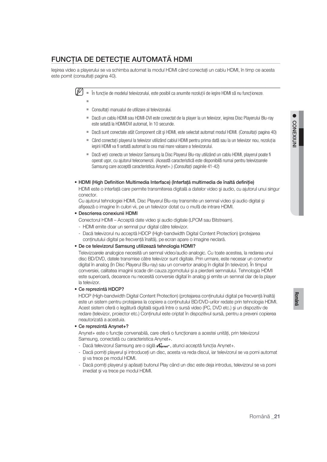 Samsung BD-P1400/XEC, BD-P1400/EUR manual Funcţia DE Detecţie Automată Hdmi, Conexiuni 