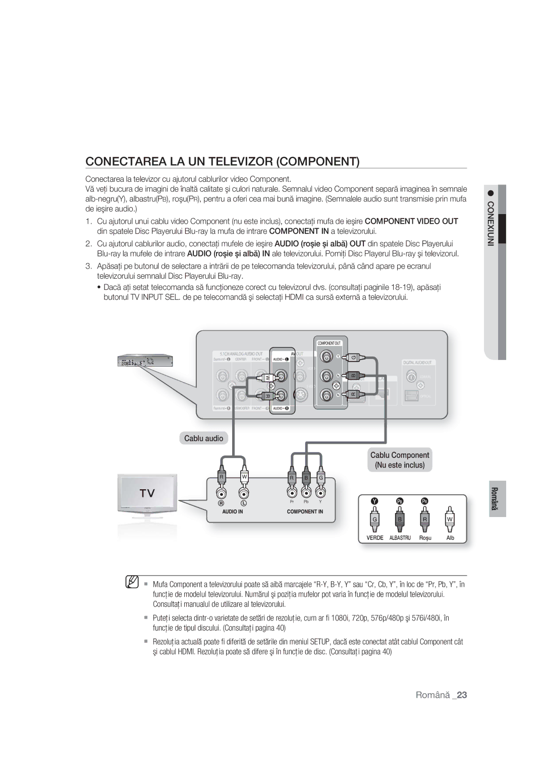 Samsung BD-P1400/XEC, BD-P1400/EUR manual Conectarea LA UN Televizor Component, Cablu audio Cablu Component Nu este inclus 