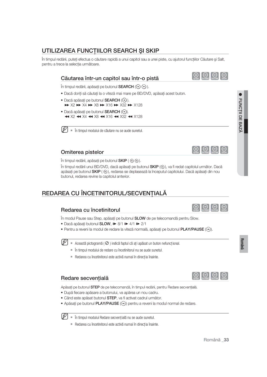 Samsung BD-P1400/XEC, BD-P1400/EUR manual Utilizarea Funcţiilor Search ŞI Skip, Redarea CU ÎNCETINITORUL/SECVENŢIALĂ 