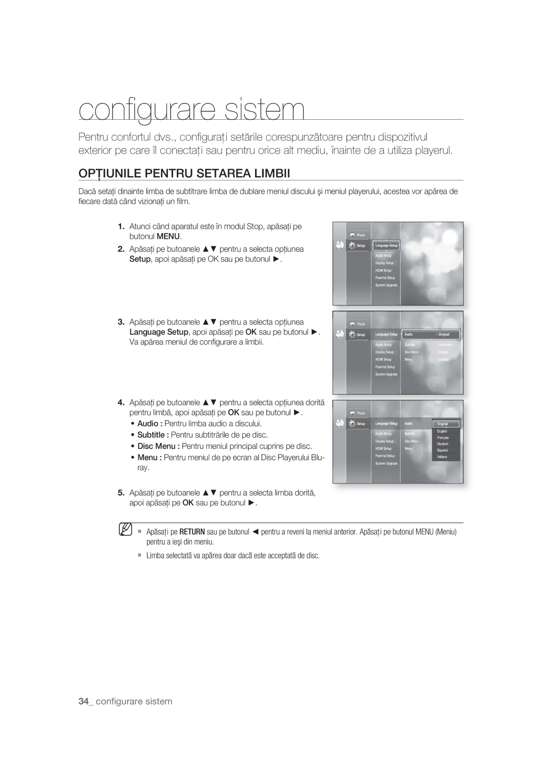 Samsung BD-P1400/EUR, BD-P1400/XEC manual Conﬁgurare sistem, Opţiunile Pentru Setarea Limbii 