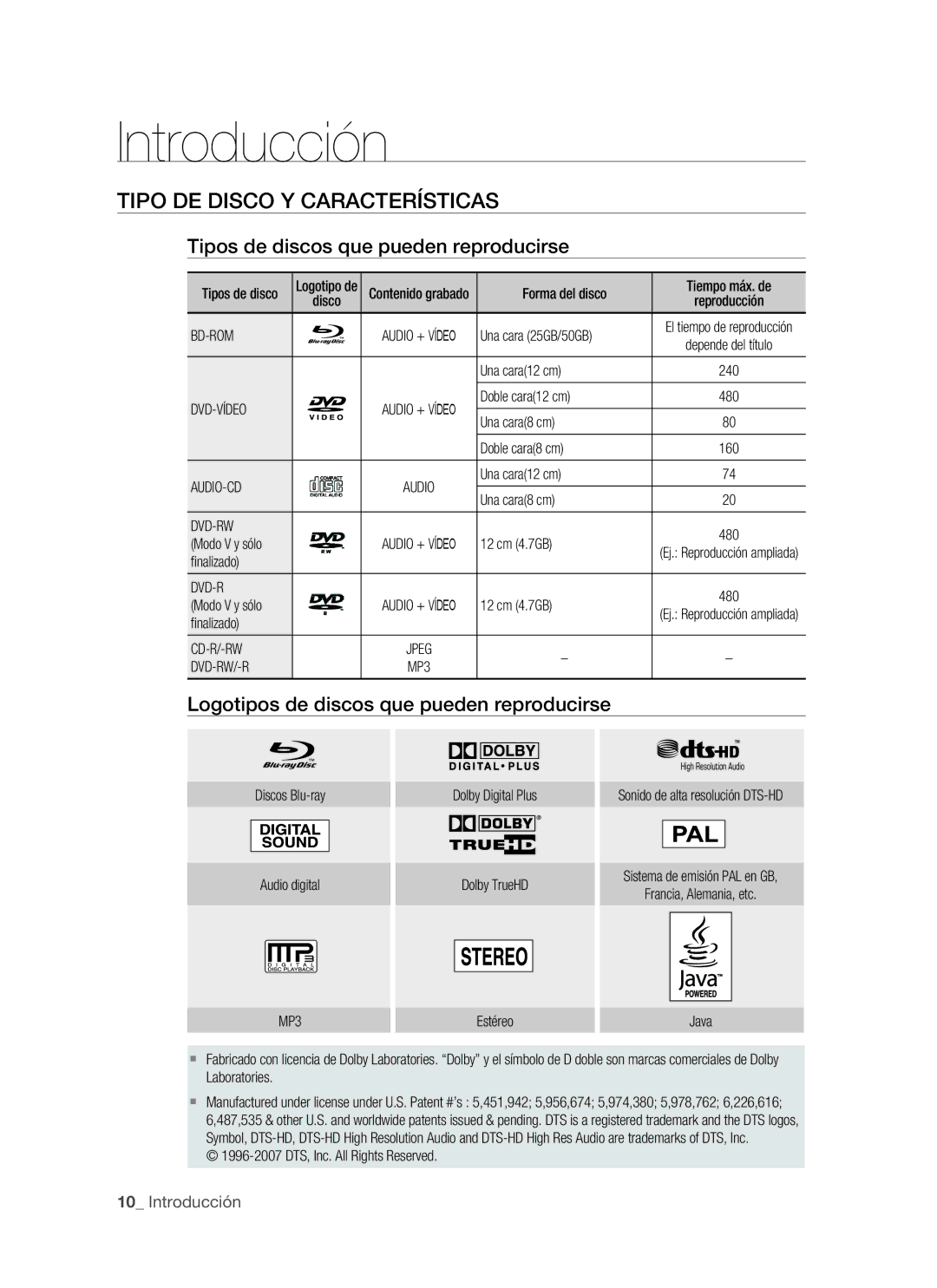 Samsung BD-P1400/XEC, BD-P1400/EUR manual Tipo DE Disco Y Características, Tipos de discos que pueden reproducirse 