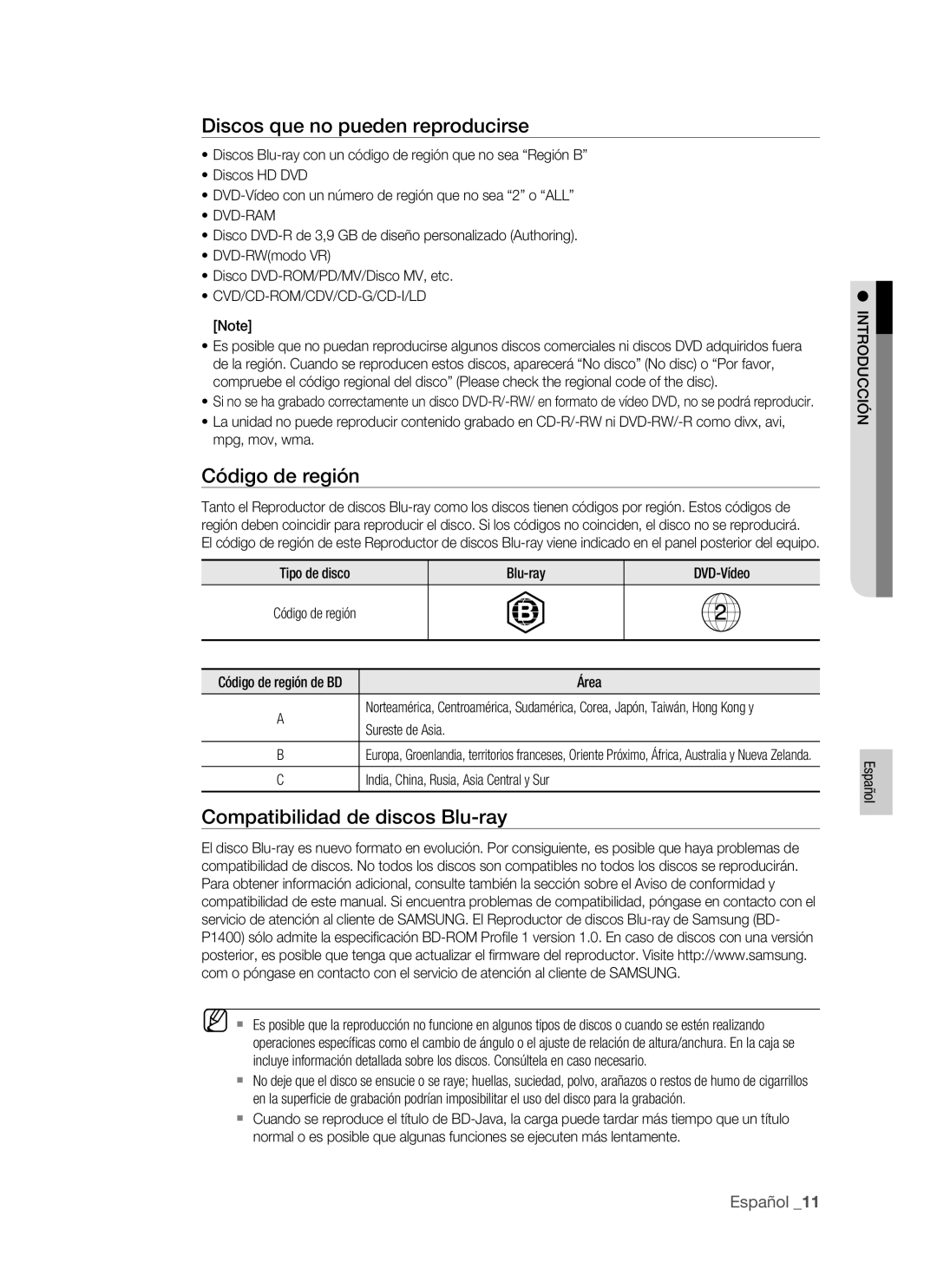 Samsung BD-P1400/EUR manual Discos que no pueden reproducirse, Código de región, Compatibilidad de discos Blu-ray, Dvd-Ram 