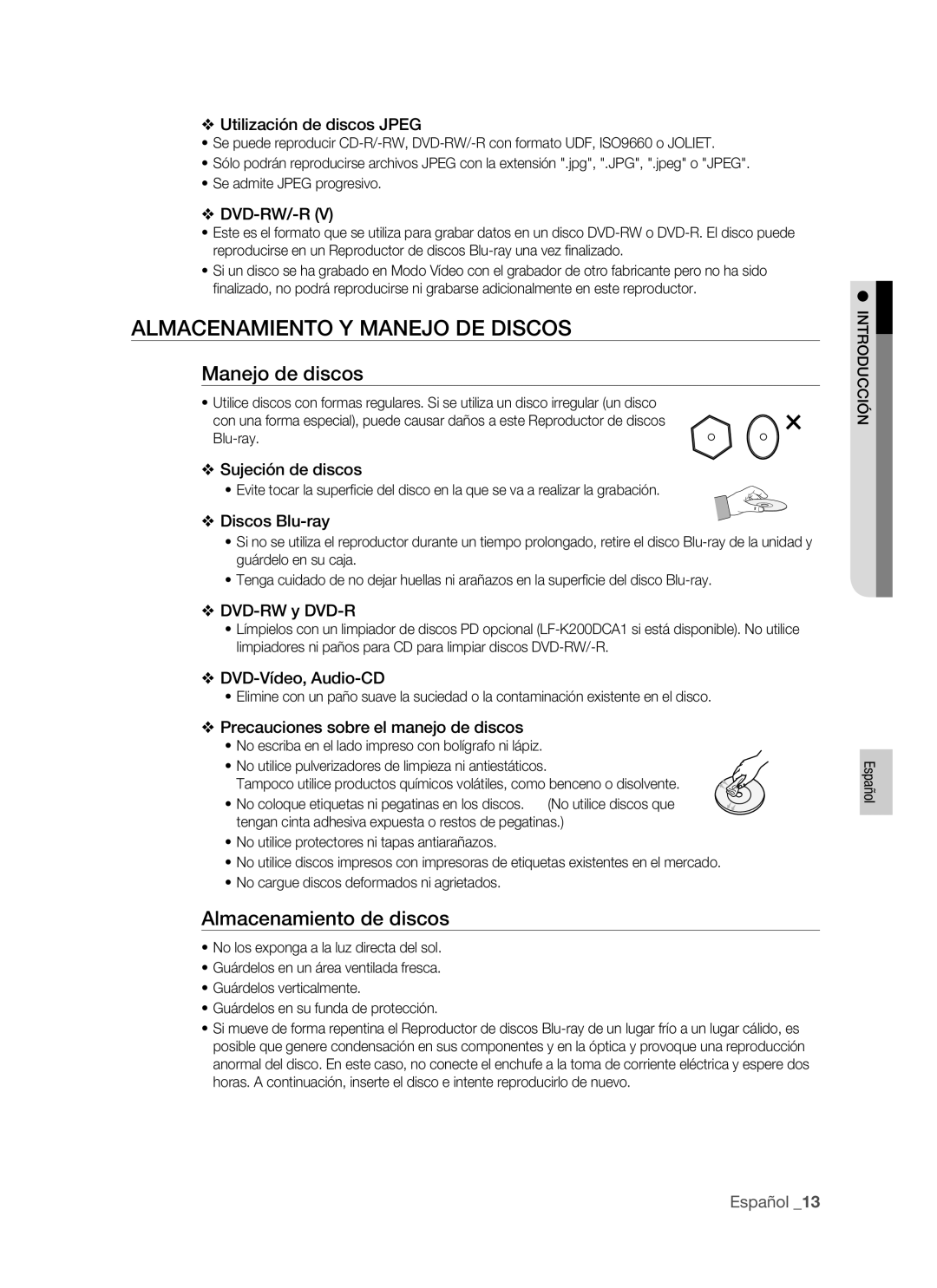 Samsung BD-P1400/EUR, BD-P1400/XEC manual Almacenamiento Y Manejo DE Discos, Manejo de discos, Almacenamiento de discos 