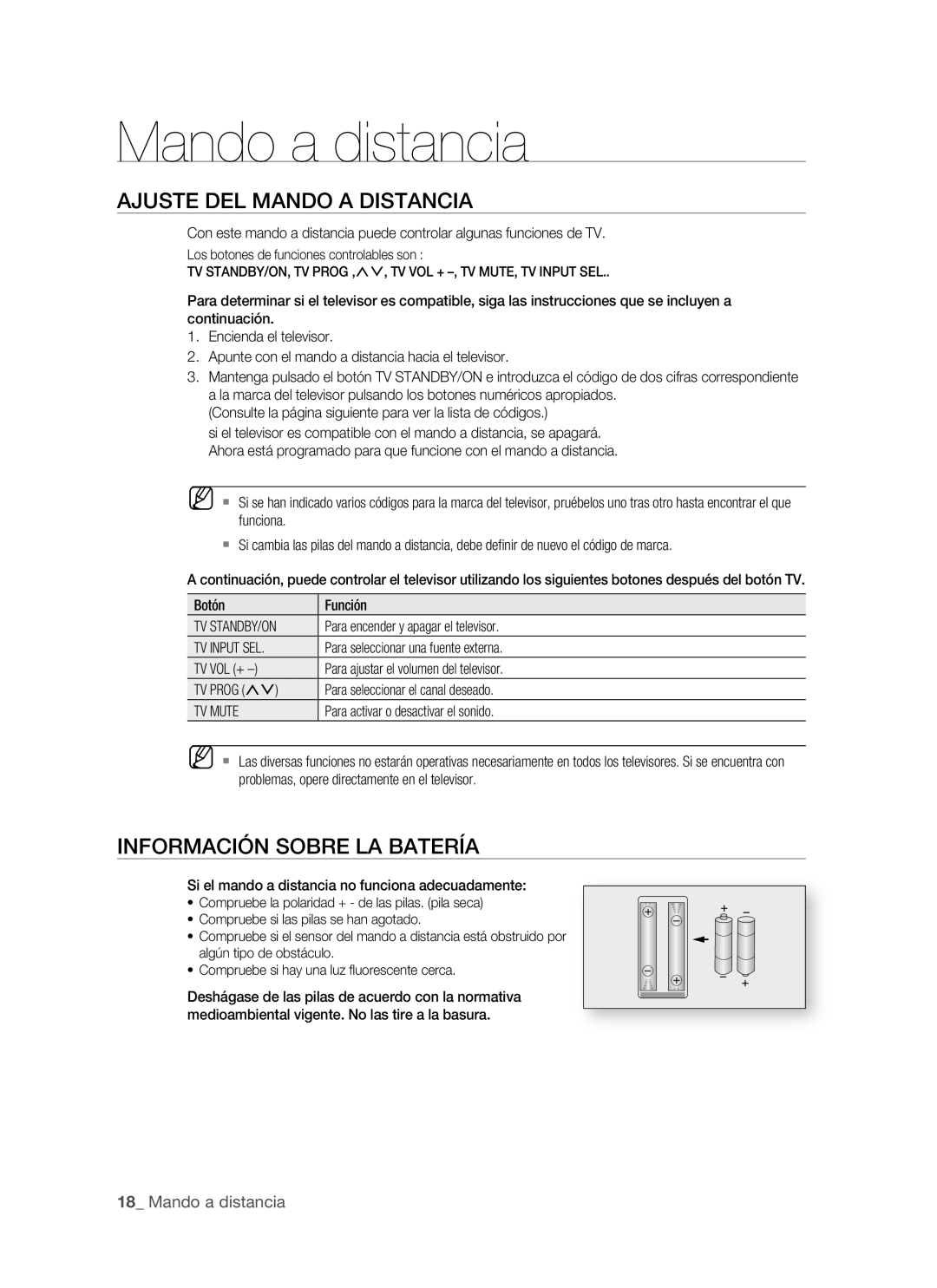 Samsung BD-P1400/XEC, BD-P1400/EUR manual Mando a distancia, Ajuste DEL Mando a Distancia, Información Sobre LA Batería 