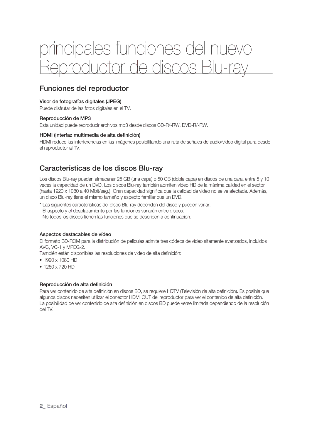 Samsung BD-P1400/XEC, BD-P1400/EUR manual Funciones del reproductor 