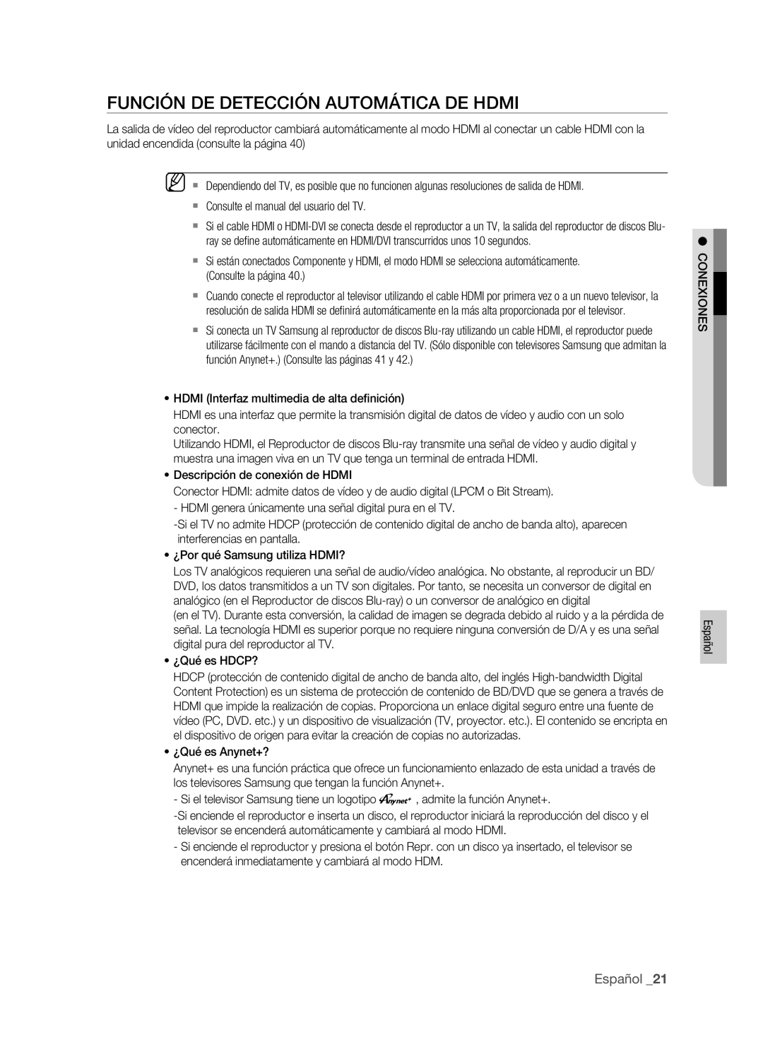 Samsung BD-P1400/EUR Función DE Detección Automática DE Hdmi,  Consulte el manual del usuario del TV, Conexiones 