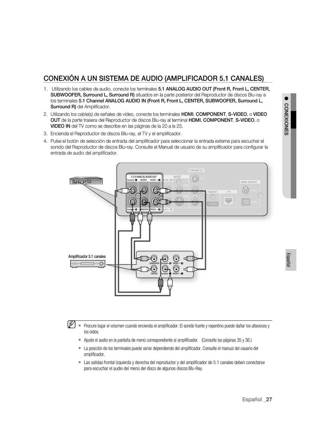 Samsung BD-P1400/EUR, BD-P1400/XEC manual Conexión a UN Sistema DE Audio Amplificador 5.1 Canales 