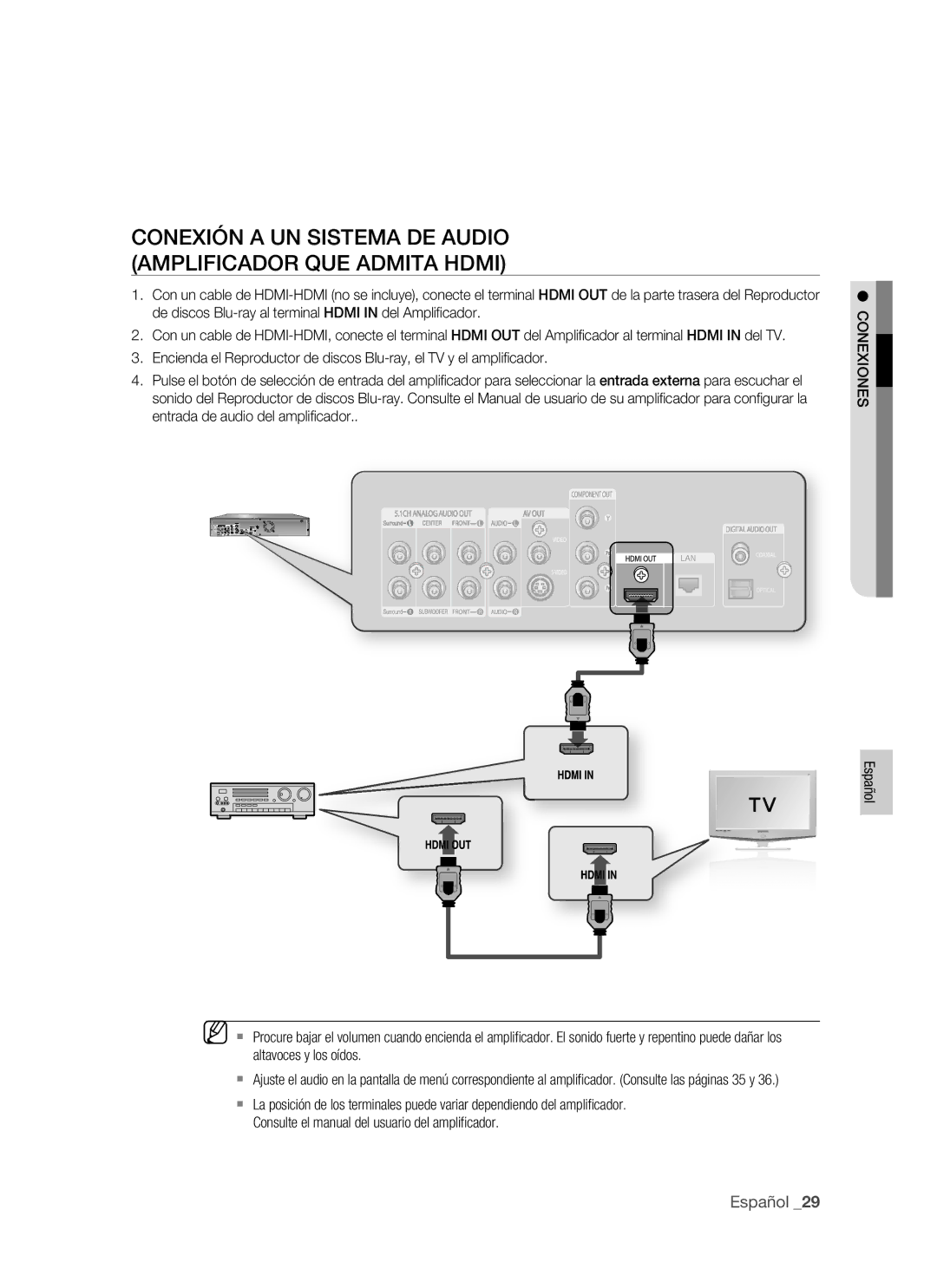 Samsung BD-P1400/EUR, BD-P1400/XEC manual Conexión a UN Sistema DE Audio Amplificador QUE Admita Hdmi 