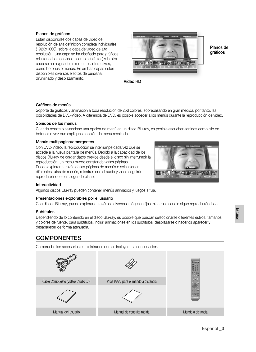 Samsung BD-P1400/EUR, BD-P1400/XEC manual Componentes, Planos de gráﬁcos, Gráﬁcos de menús, Interactividad 