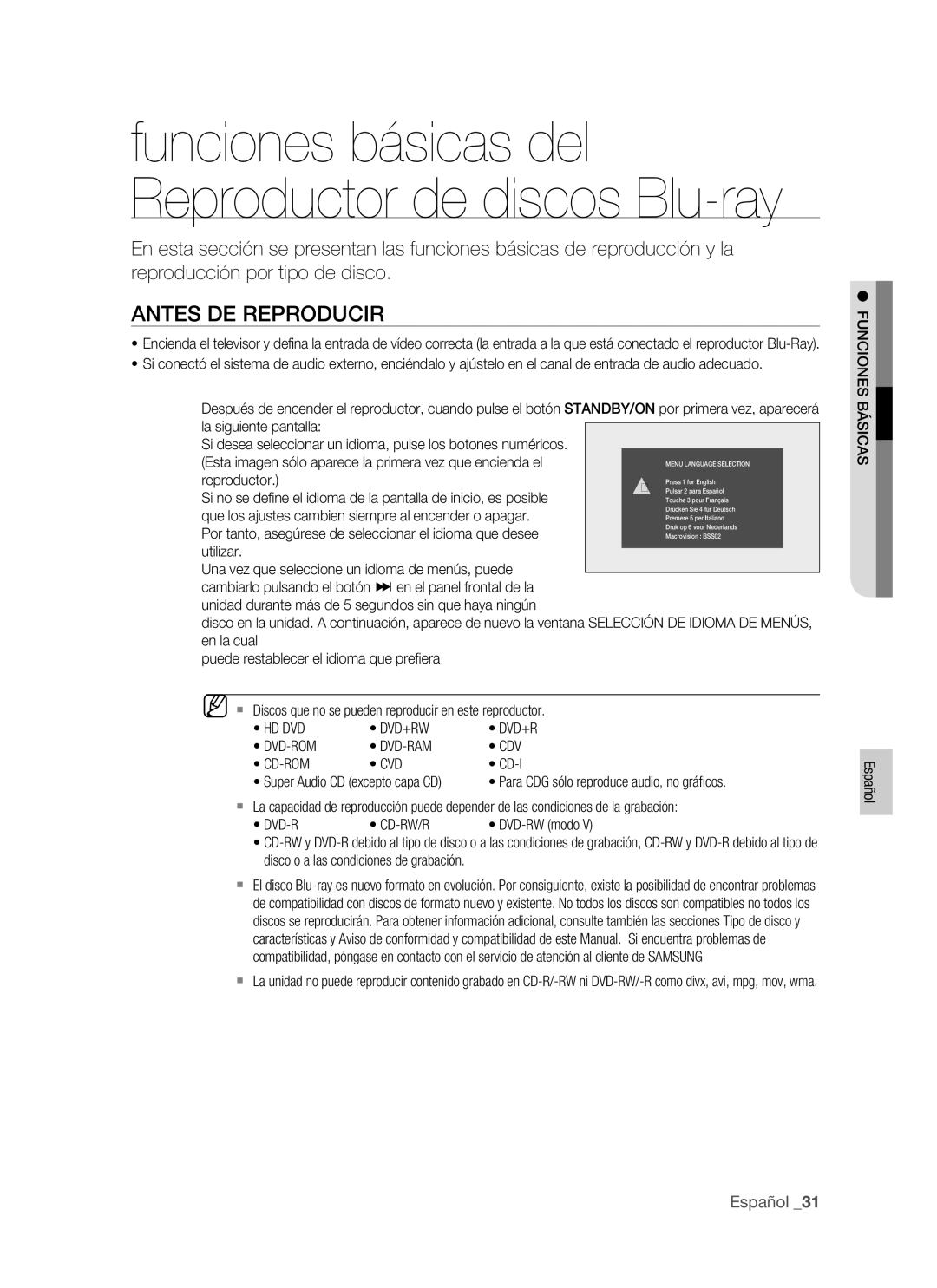 Samsung BD-P1400/EUR manual Antes DE Reproducir, Hd Dvd Dvd+Rw Dvd-Rom Dvd-Ram Cdv Cd-Rom Cvd, Cd-I, Funciones Básicas 