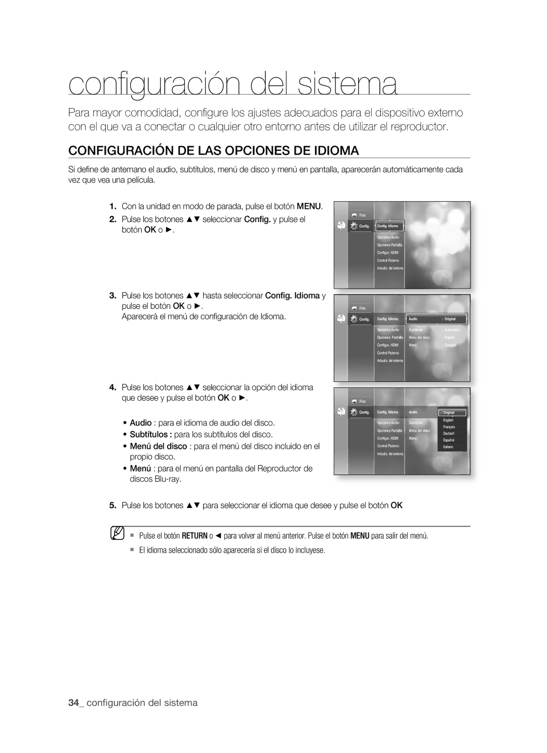 Samsung BD-P1400/XEC, BD-P1400/EUR manual Conﬁ guración del sistema, Configuración DE LAS Opciones DE Idioma 