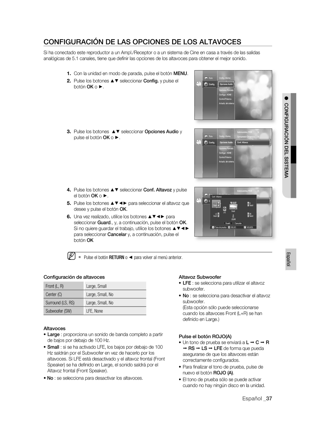 Samsung BD-P1400/EUR manual Configuración DE LAS Opciones DE LOS Altavoces, El botón OK o, Desee y pulse el botón OK 