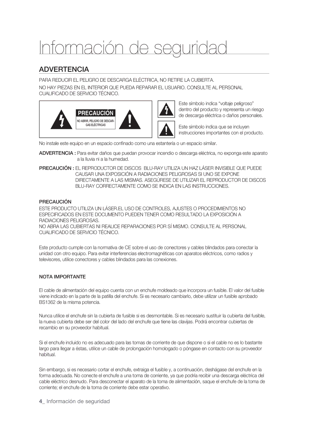 Samsung BD-P1400/XEC, BD-P1400/EUR manual Información de seguridad, Advertencia, Nota Importante 