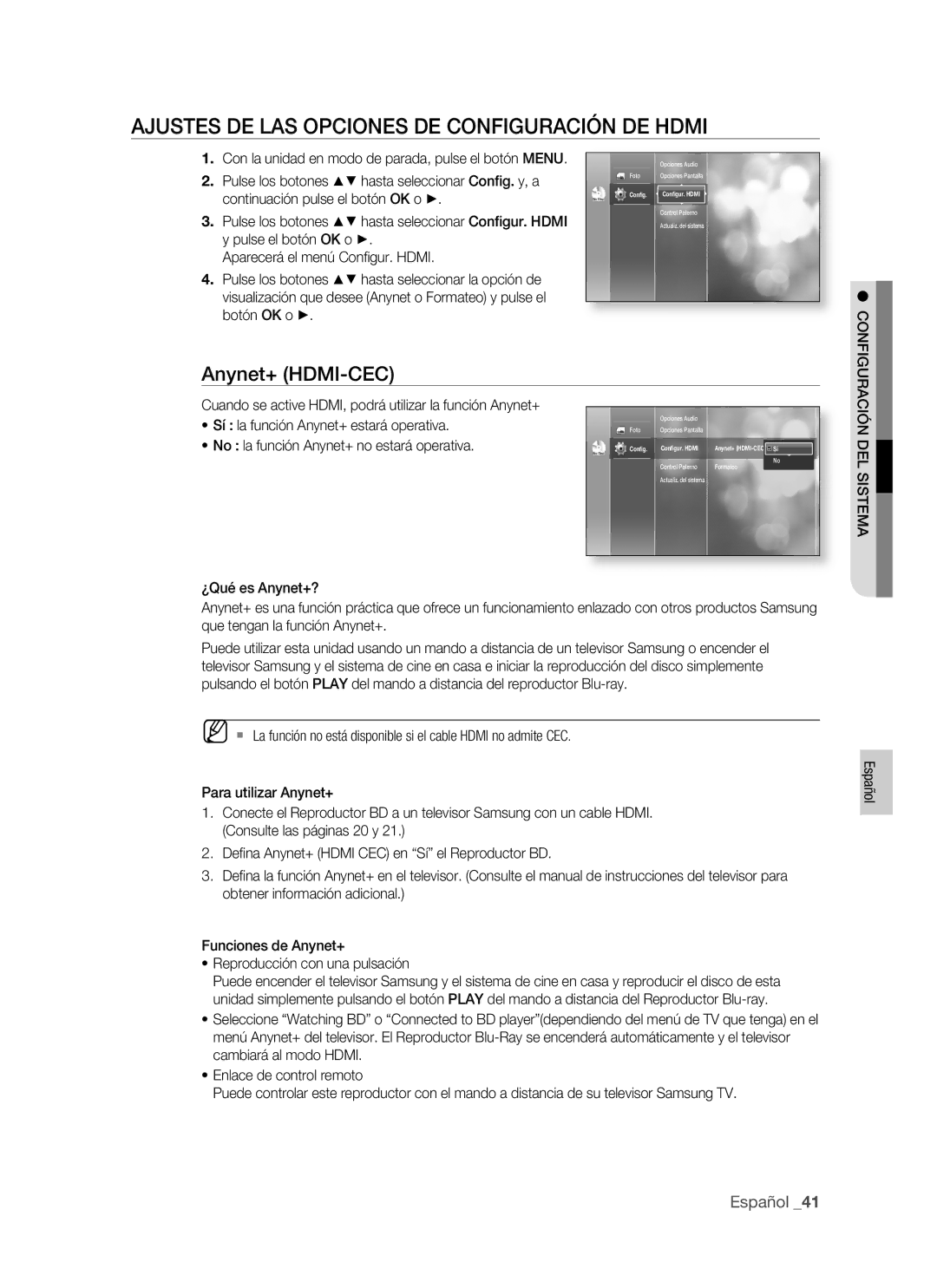 Samsung BD-P1400/EUR, BD-P1400/XEC manual Ajustes DE LAS Opciones DE Configuración DE Hdmi, Anynet+ HDMI-CEC 