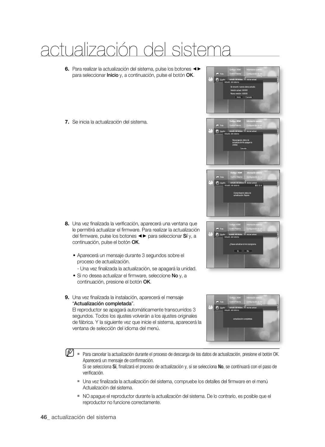 Samsung BD-P1400/XEC, BD-P1400/EUR Se inicia la actualización del sistema, Conﬁg. Actualiz. del sistema Iniciar actual 