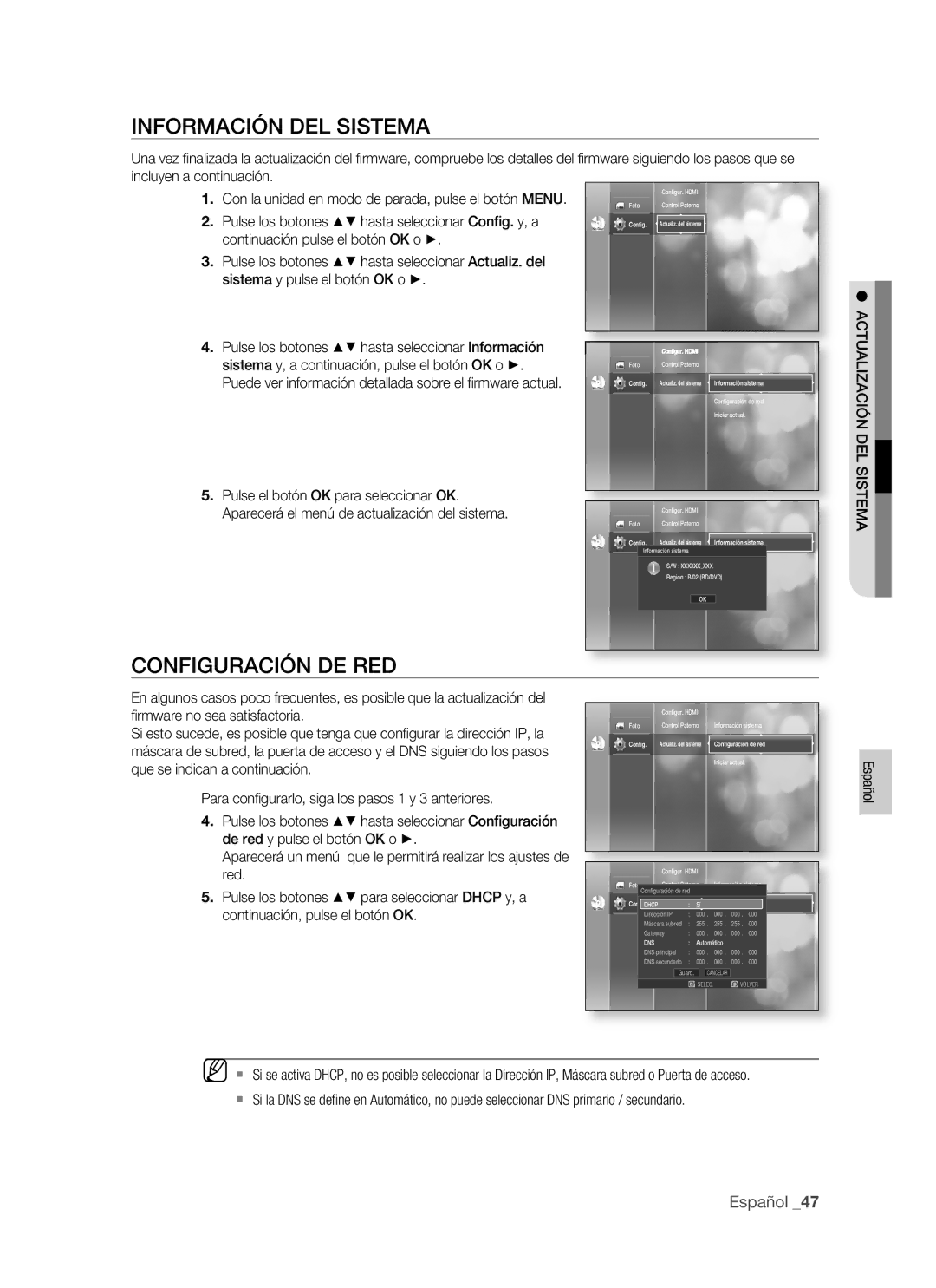 Samsung BD-P1400/EUR manual Información DEL Sistema, Configuración DE RED, Pulse los botones hasta seleccionar Información 