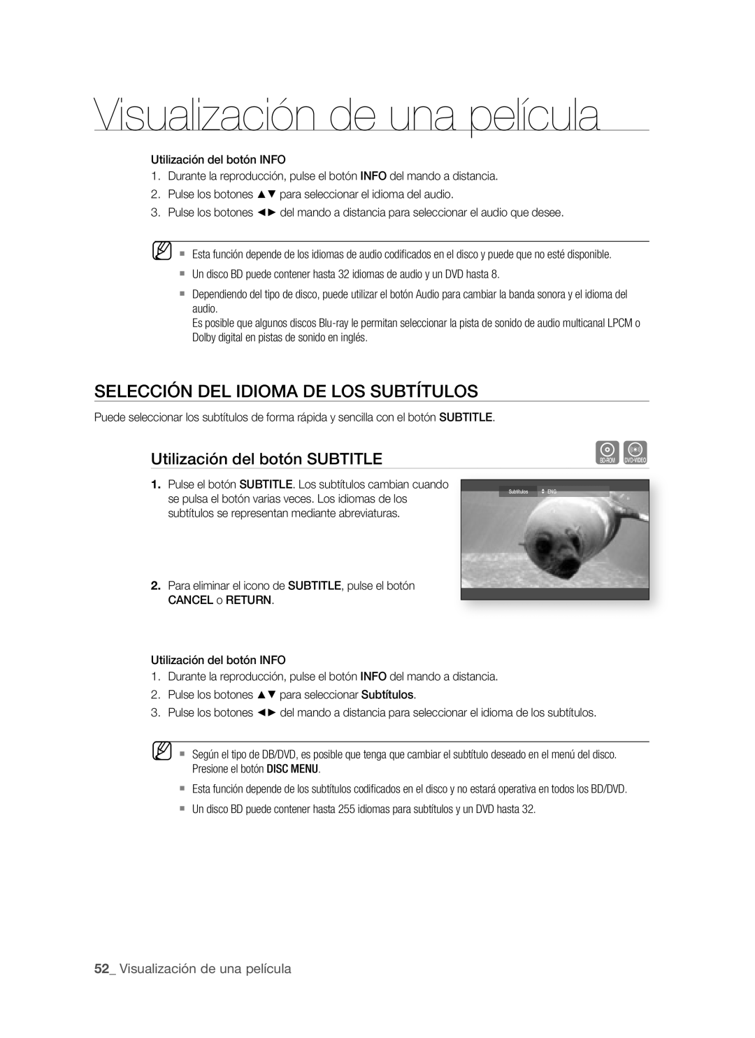 Samsung BD-P1400/XEC, BD-P1400/EUR manual Selección DEL Idioma DE LOS Subtítulos, Utilización del botón Subtitle 