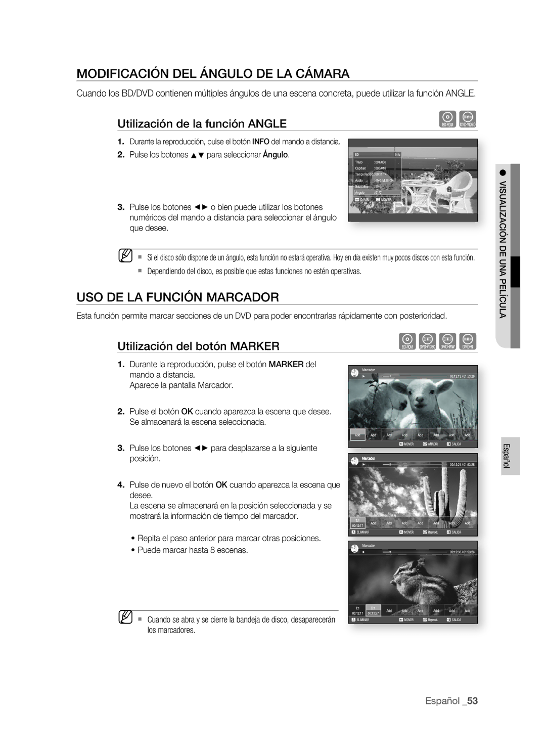 Samsung BD-P1400/EUR Modificación DEL Ángulo DE LA Cámara, USO DE LA Función Marcador, Utilización de la función Angle 