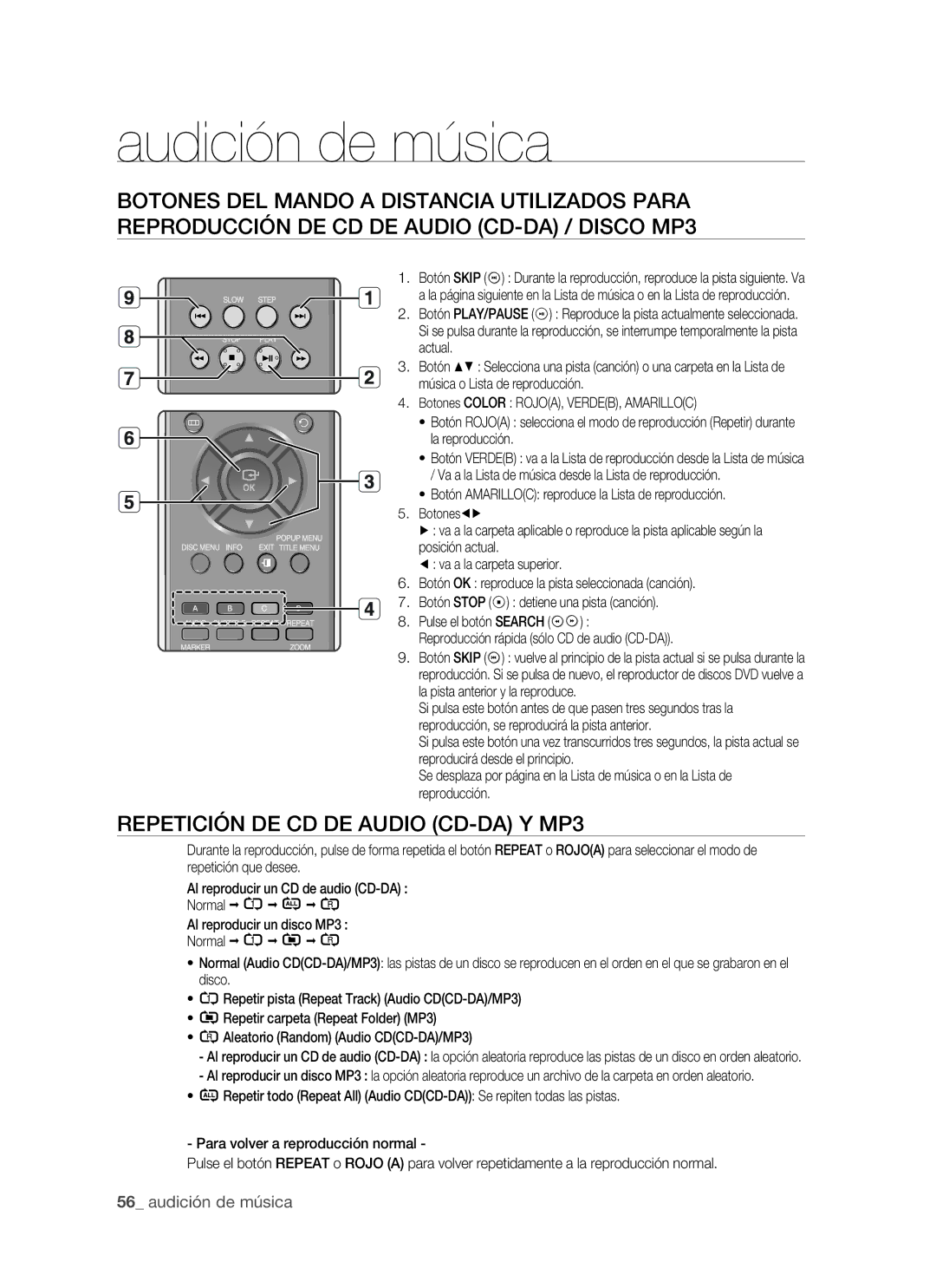 Samsung BD-P1400/XEC, BD-P1400/EUR manual Audición de música, Repetición DE CD DE Audio CD-DA Y MP3 