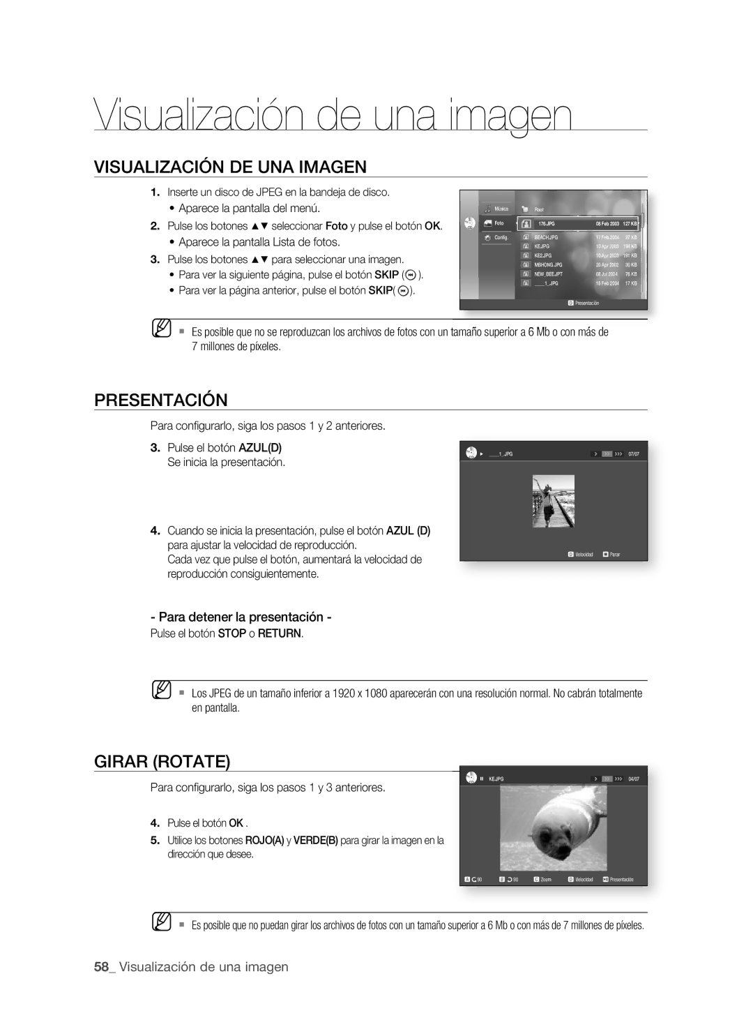 Samsung BD-P1400/XEC, BD-P1400/EUR Visualización de una imagen, Visualización DE UNA Imagen, Presentación, Girar Rotate 