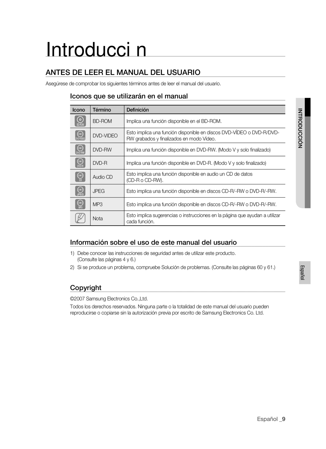 Samsung BD-P1400/EUR Introducción, Antes DE Leer EL Manual DEL Usuario, Iconos que se utilizarán en el manual, Copyright 