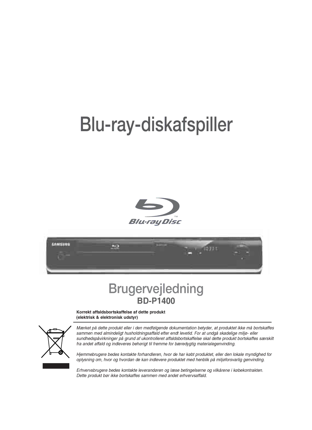 Samsung BD-P1400/XEE manual Blu-ray-diskafspiller 