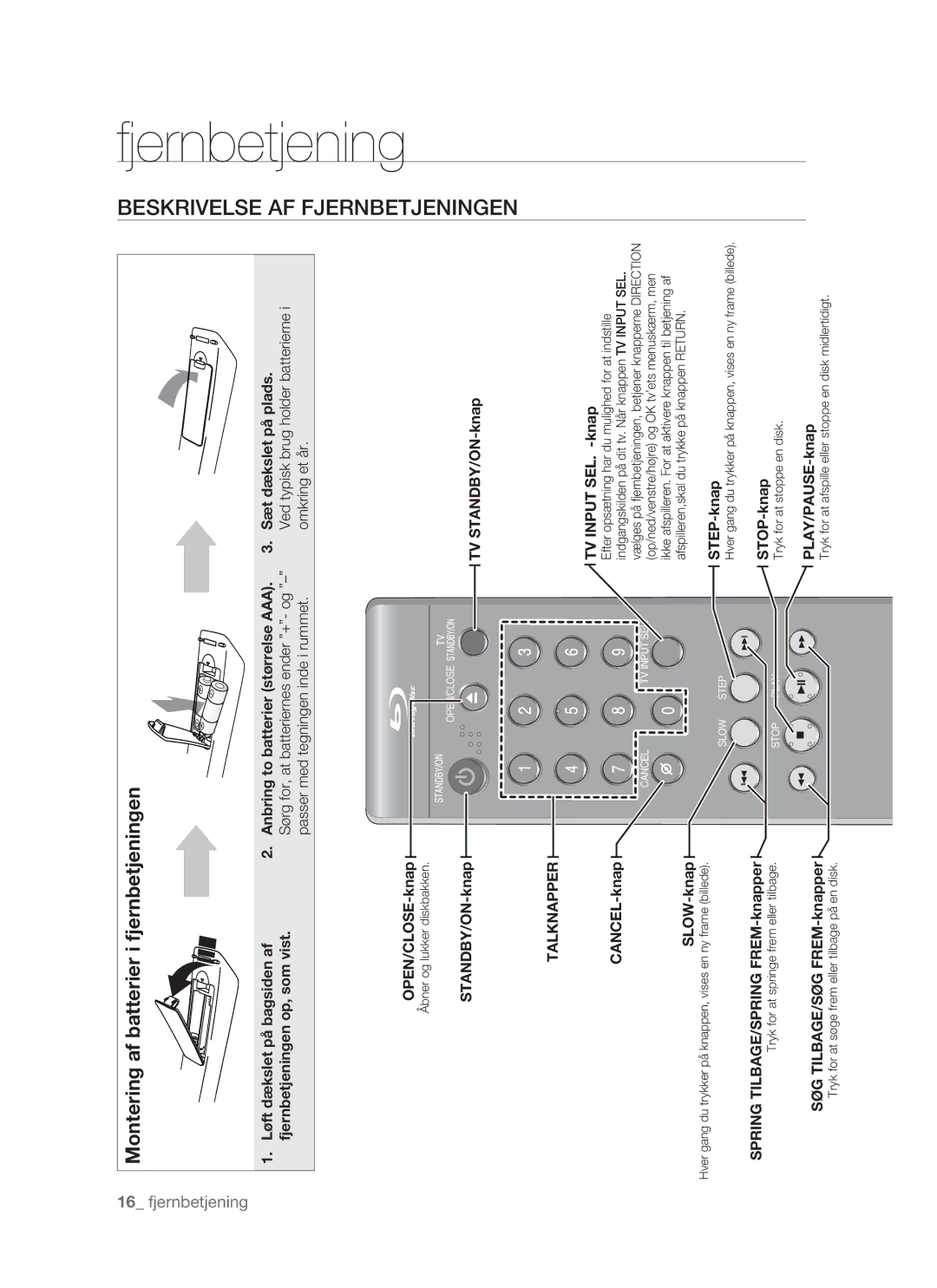 Samsung BD-P1400/XEE manual Fjernbetjening, Montering af batterier i fjernbetjeningen 