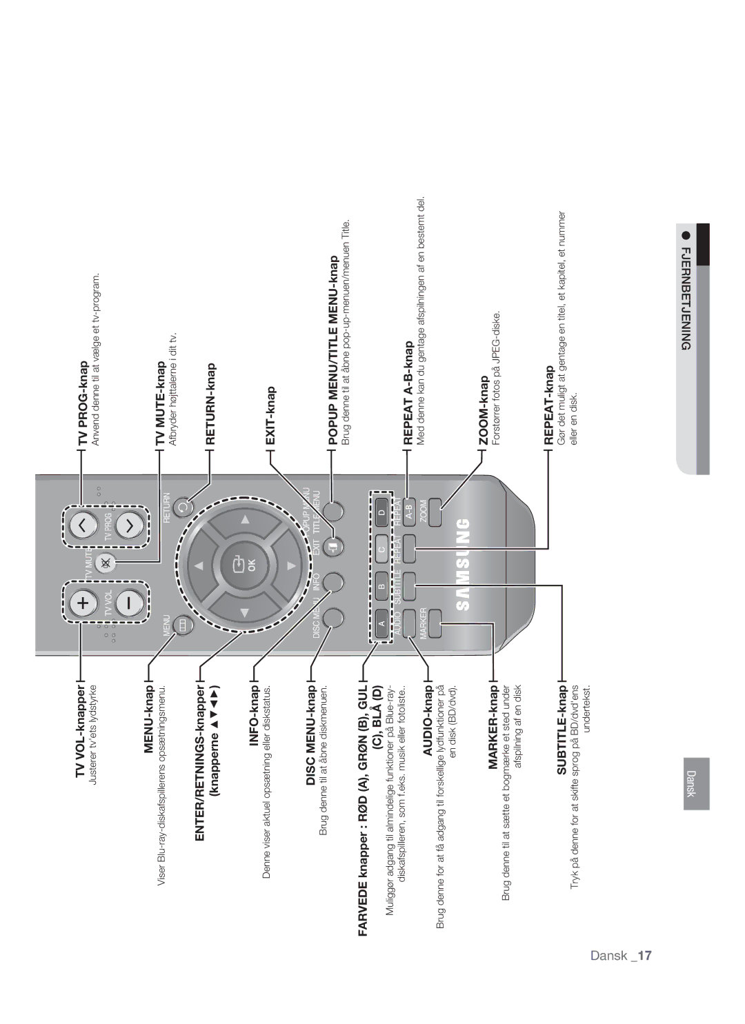 Samsung BD-P1400/XEE manual Farvede knapper RØD A, Grøn B, GUL C, BLÅ D, Fjernbetjening 