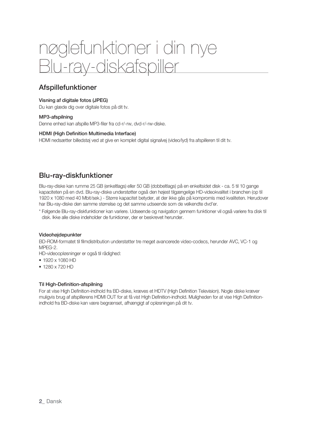 Samsung BD-P1400/XEE manual Nøglefunktioner i din nye Blu-ray-diskafspiller 