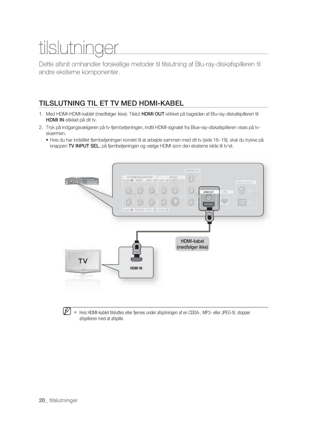 Samsung BD-P1400/XEE manual Tilslutninger, Tilslutning TIL ET TV MED HDMI-KABEL 