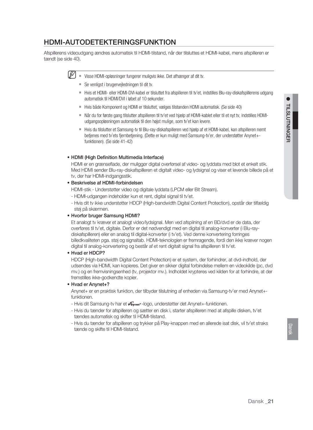 Samsung BD-P1400/XEE manual Hdmi-Autodetekteringsfunktion, Tilslutninger 