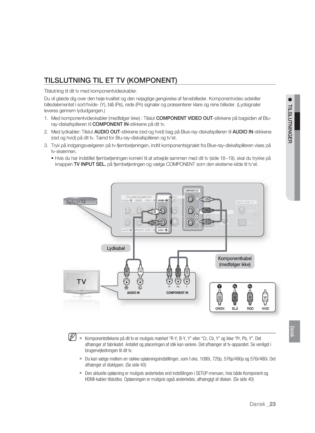 Samsung BD-P1400/XEE manual Tilslutning TIL ET TV Komponent 