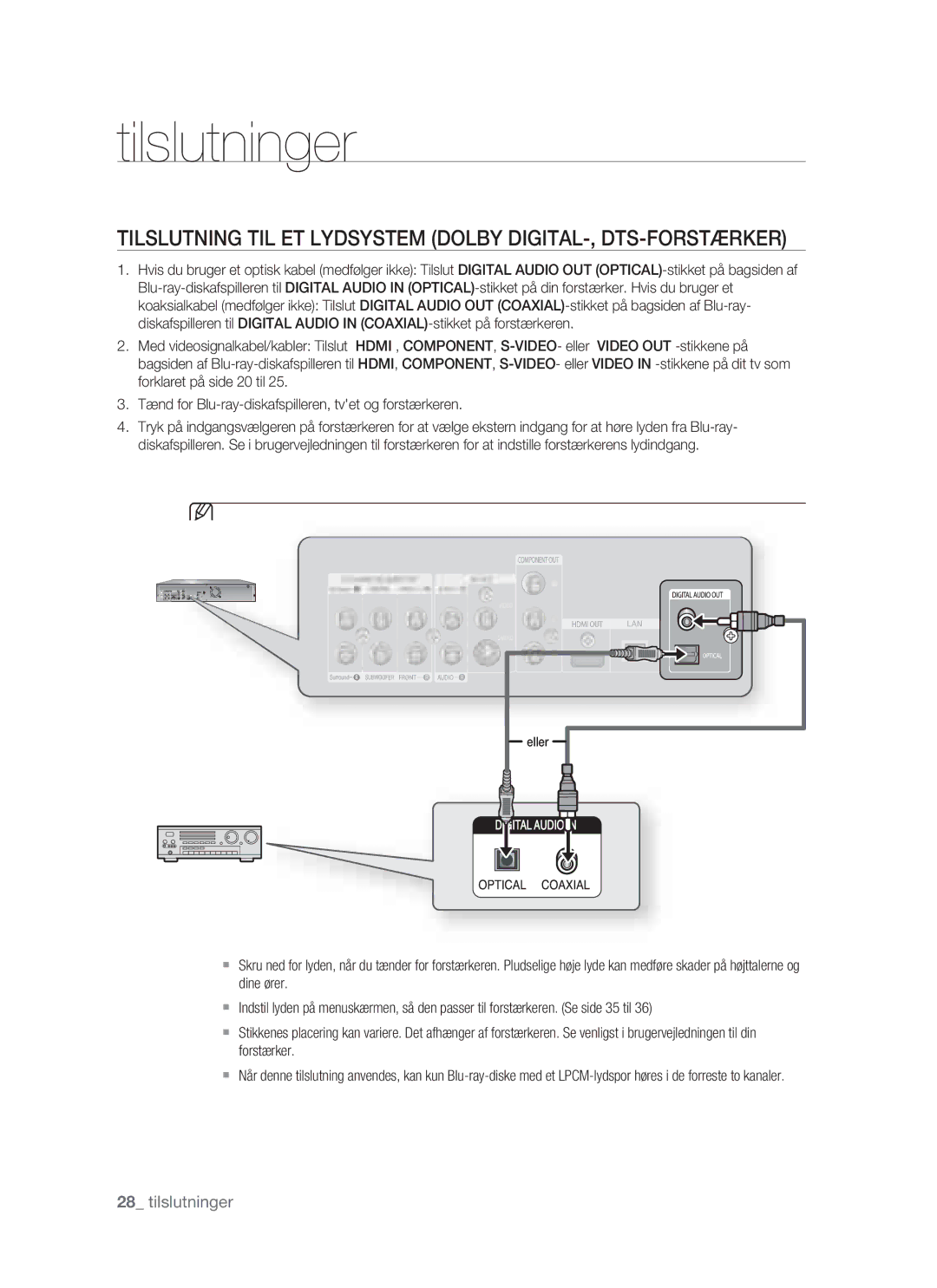 Samsung BD-P1400/XEE manual Tilslutning TIL ET Lydsystem Dolby DIGITAL-, DTS-FORSTÆRKER 