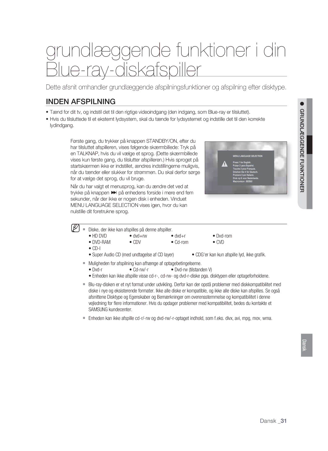 Samsung BD-P1400/XEE manual Grundlæggende funktioner i din Blue-ray-diskafspiller, Inden Afspilning 