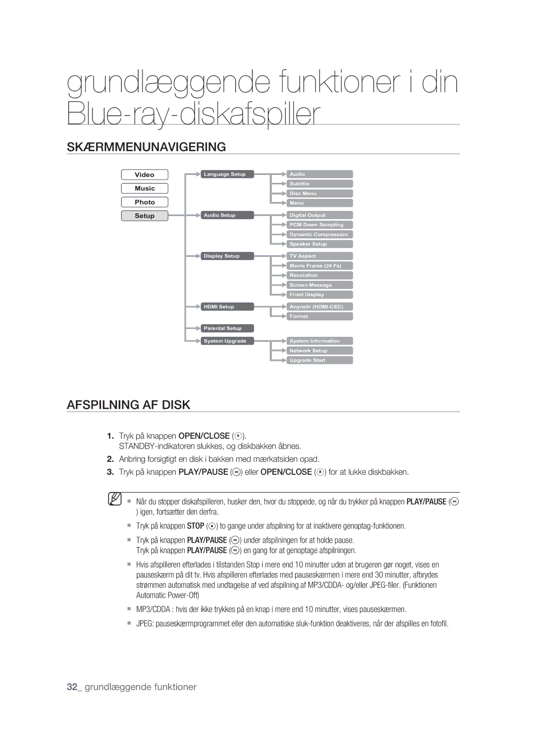 Samsung BD-P1400/XEE manual Skærmmenunavigering, Afspilning AF Disk 