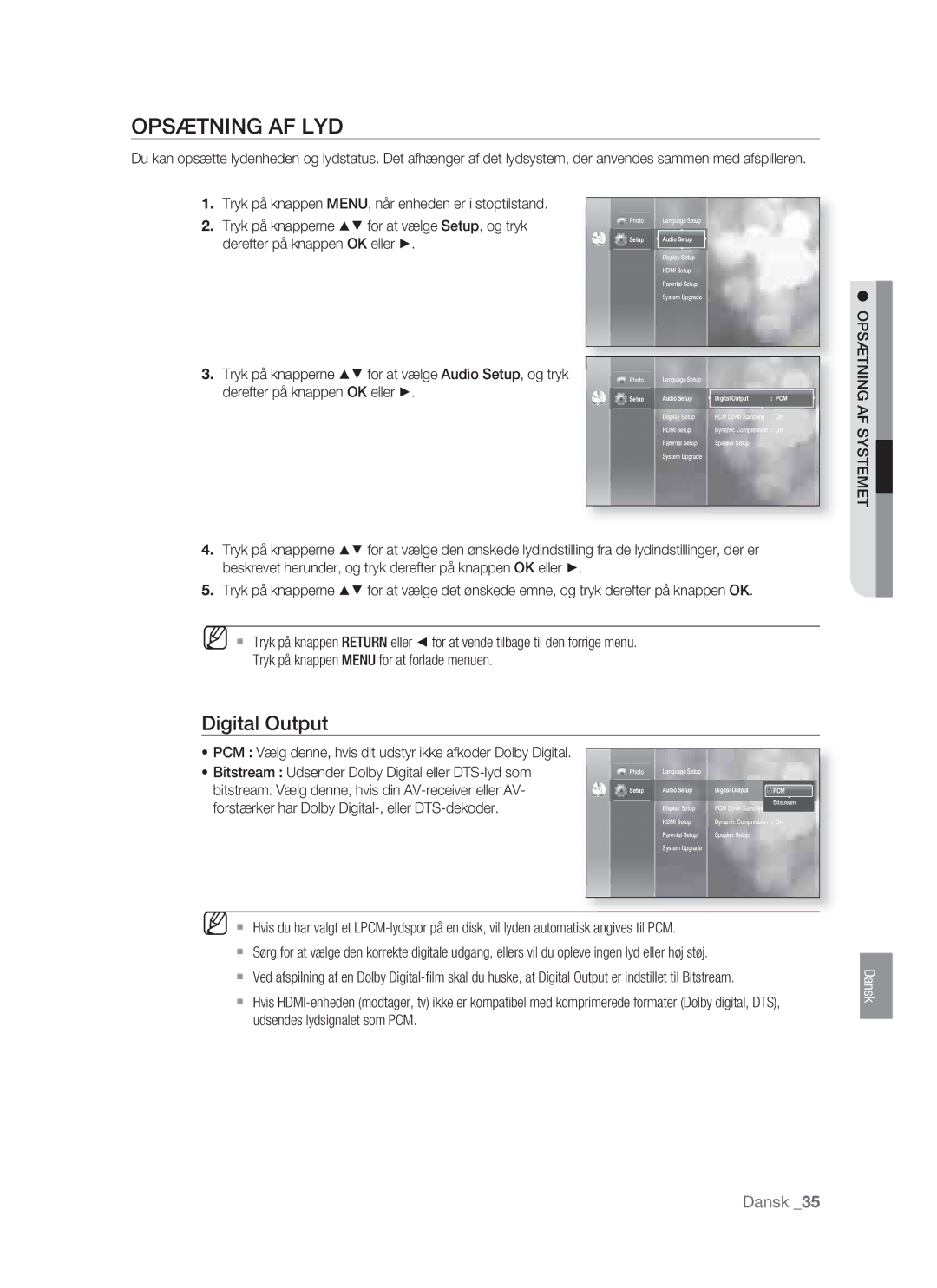 Samsung BD-P1400/XEE manual Opsætning AF LYD, Digital Output, Opsætning AF Systemet 