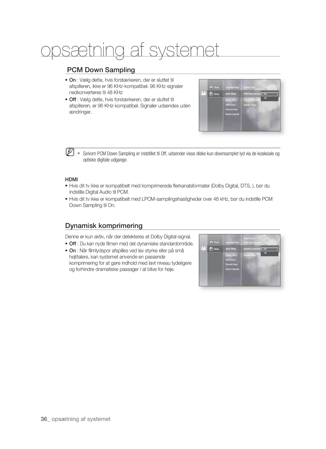 Samsung BD-P1400/XEE manual PCM Down Sampling, Dynamisk komprimering, Hdmi 