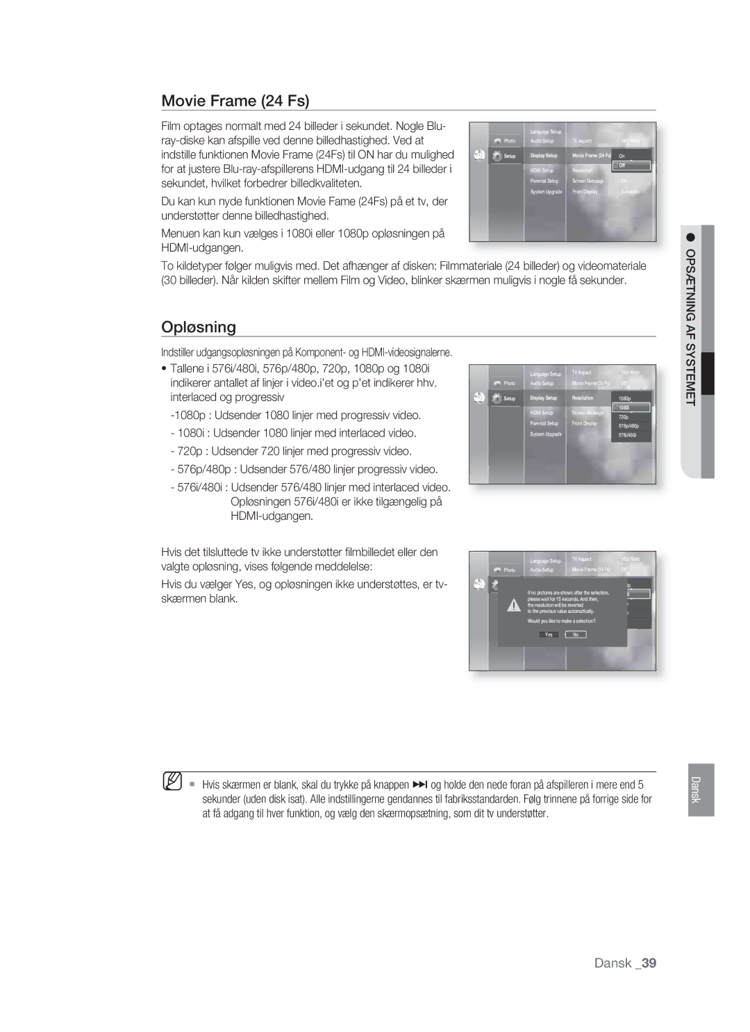 Samsung BD-P1400/XEE manual Movie Frame 24 Fs, Opløsning, Opsætning AF, Systemet 