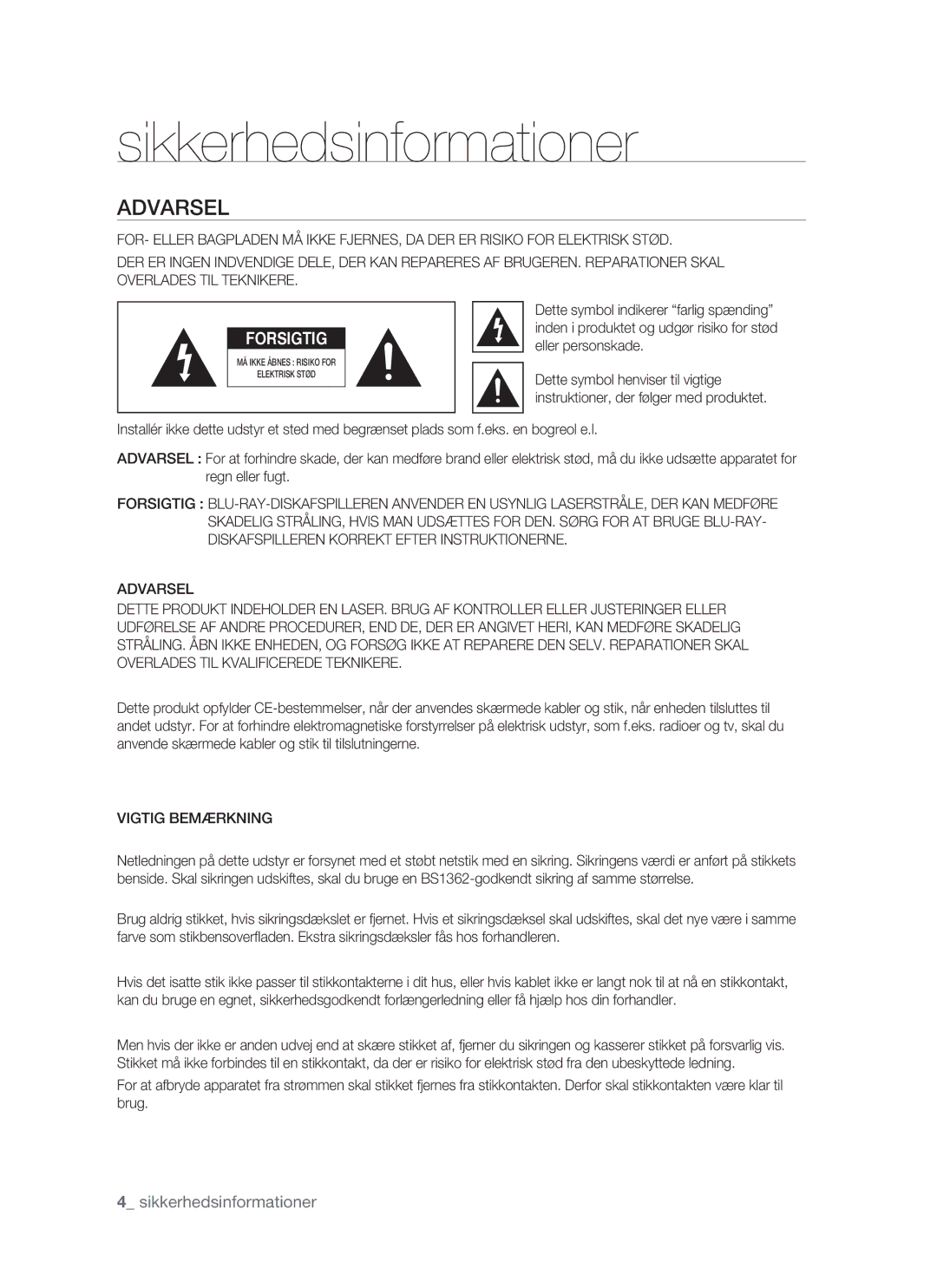 Samsung BD-P1400/XEE manual Sikkerhedsinformationer, Vigtig Bemærkning 