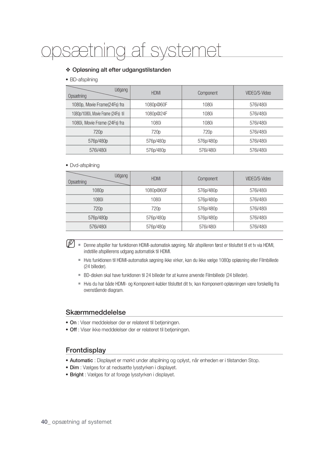 Samsung BD-P1400/XEE manual Skærmmeddelelse, Frontdisplay 