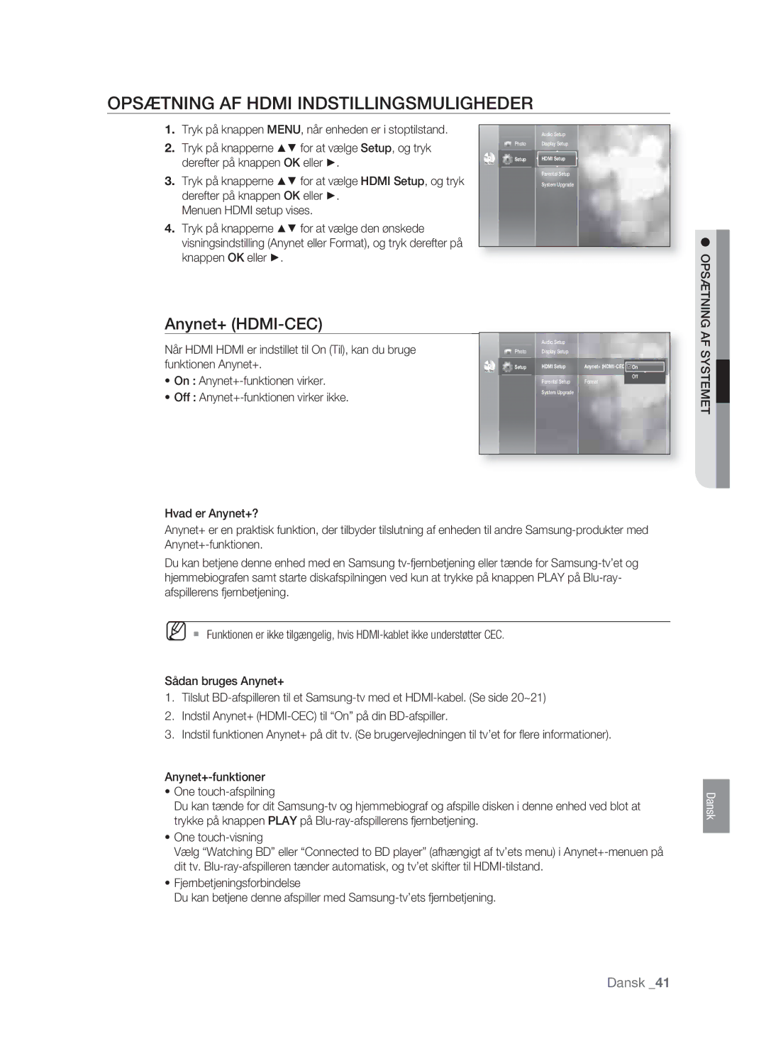 Samsung BD-P1400/XEE manual Opsætning AF Hdmi Indstillingsmuligheder, Anynet+ HDMI-CEC, AF Systemet 