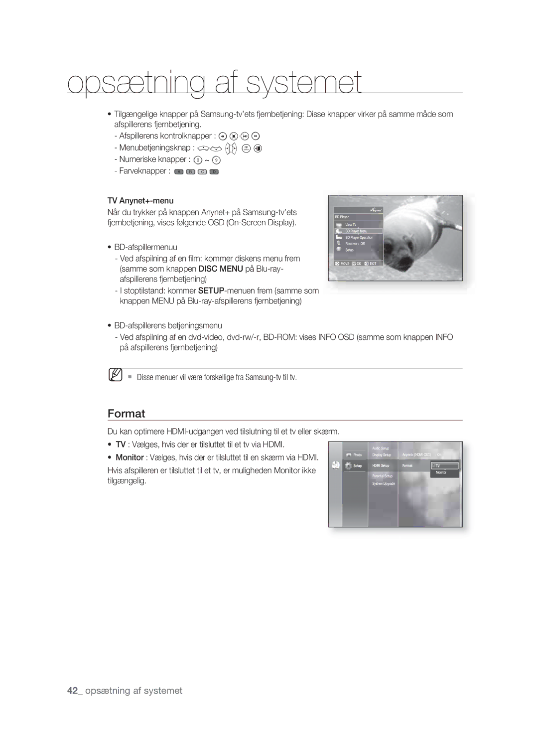 Samsung BD-P1400/XEE manual Format, Menubetjeningsknap Numeriske knapper Farveknapper a B C D, TV Anynet+-menu, Tilgængelig 