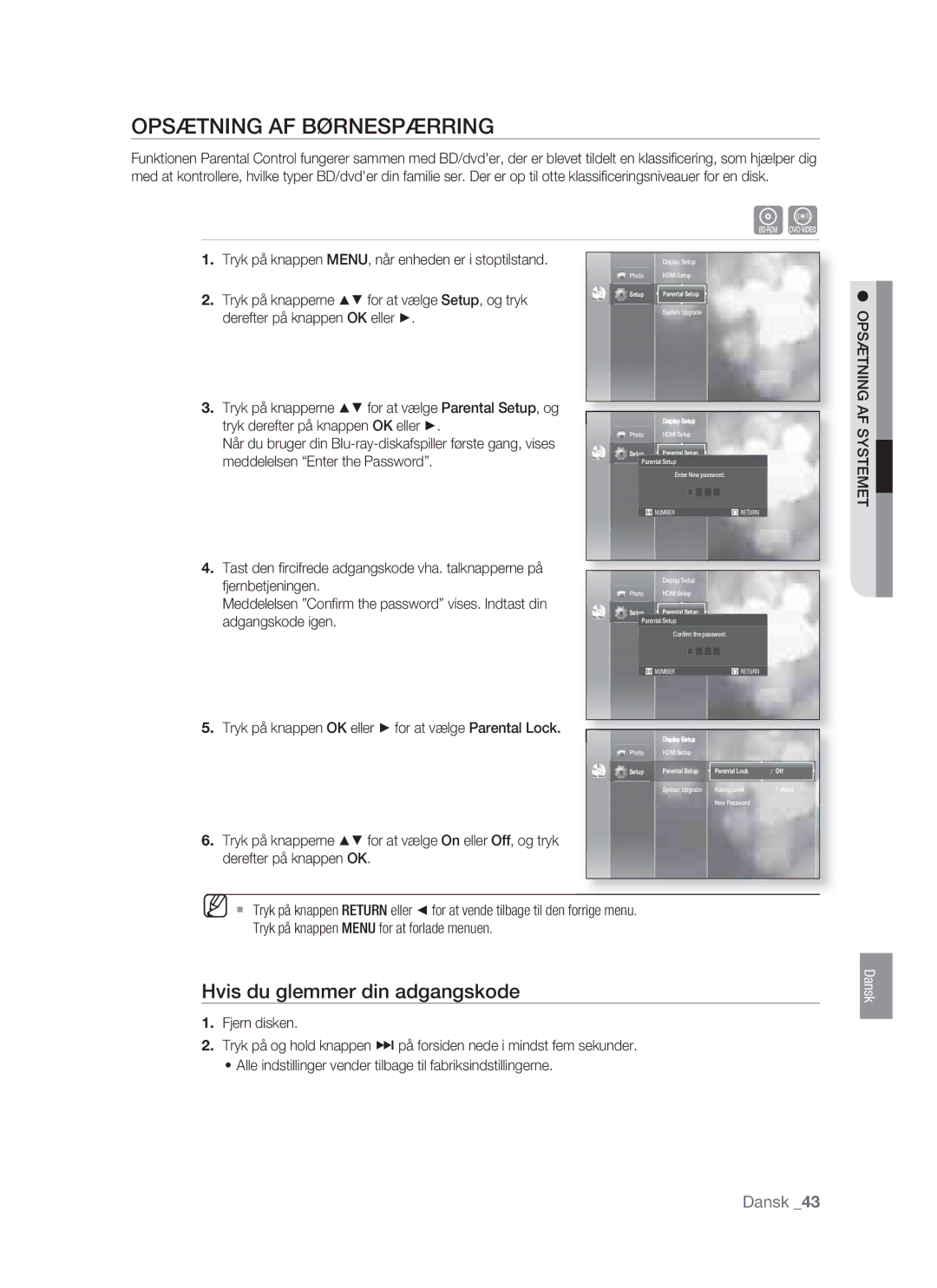 Samsung BD-P1400/XEE manual Opsætning AF Børnespærring, Hvis du glemmer din adgangskode, Adgangskode igen 