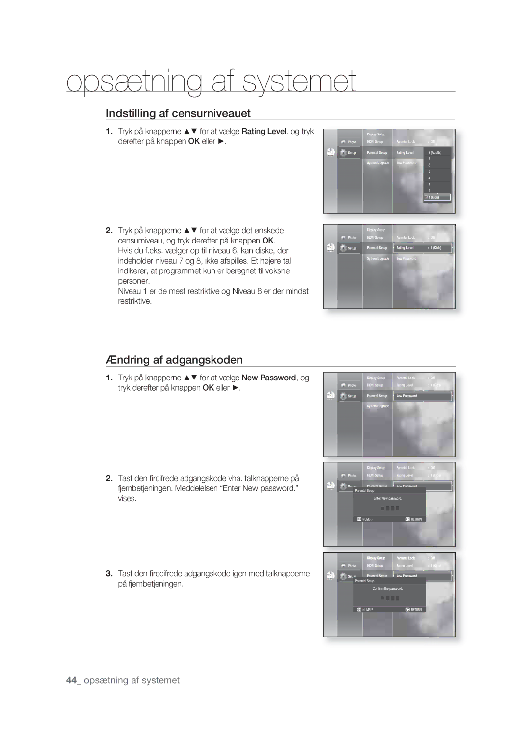 Samsung BD-P1400/XEE manual Indstilling af censurniveauet, Ændring af adgangskoden 