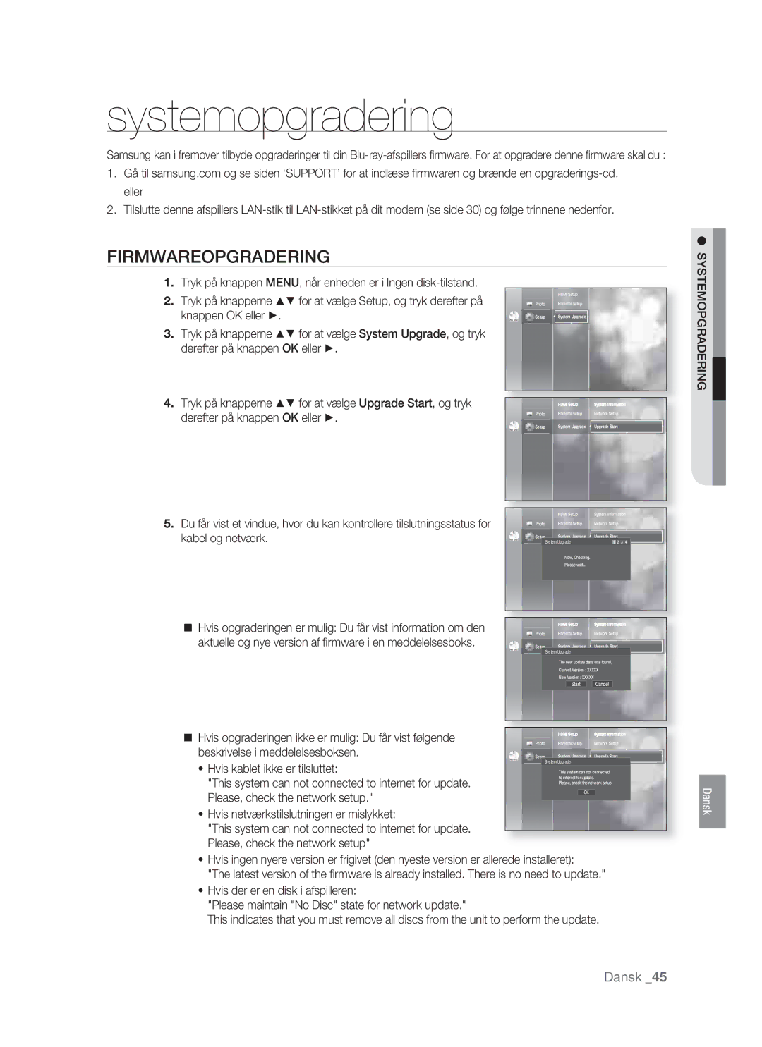 Samsung BD-P1400/XEE manual Systemopgradering, Firmwareopgradering 