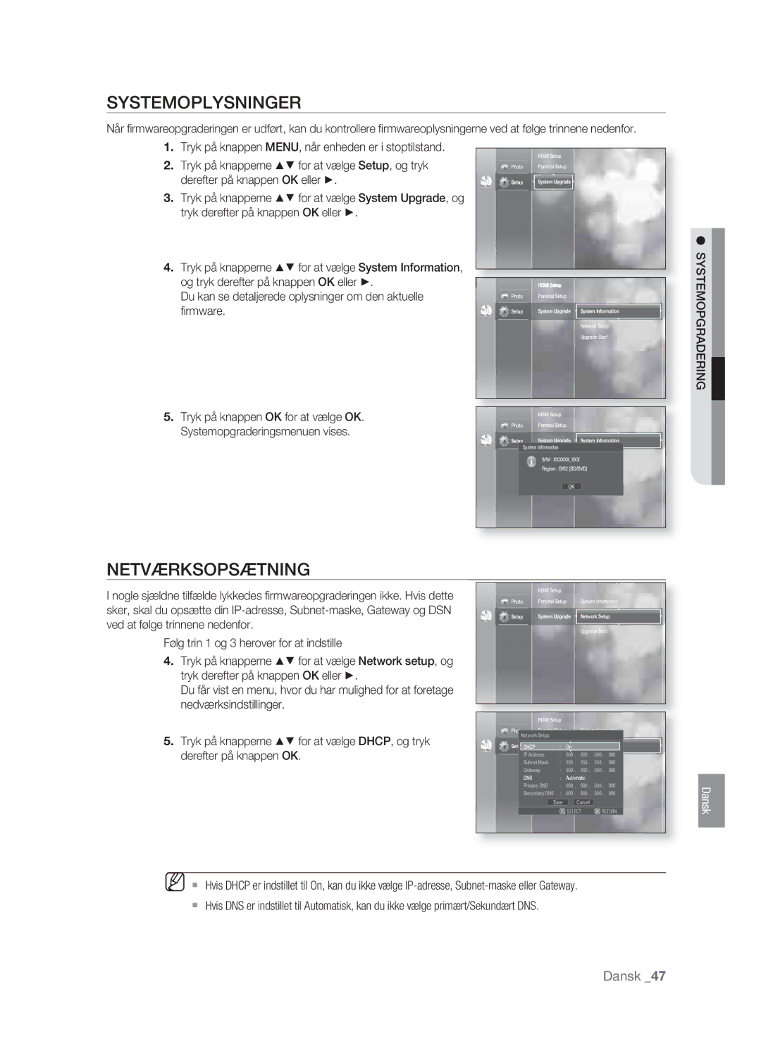 Samsung BD-P1400/XEE manual Systemoplysninger, Netværksopsætning 