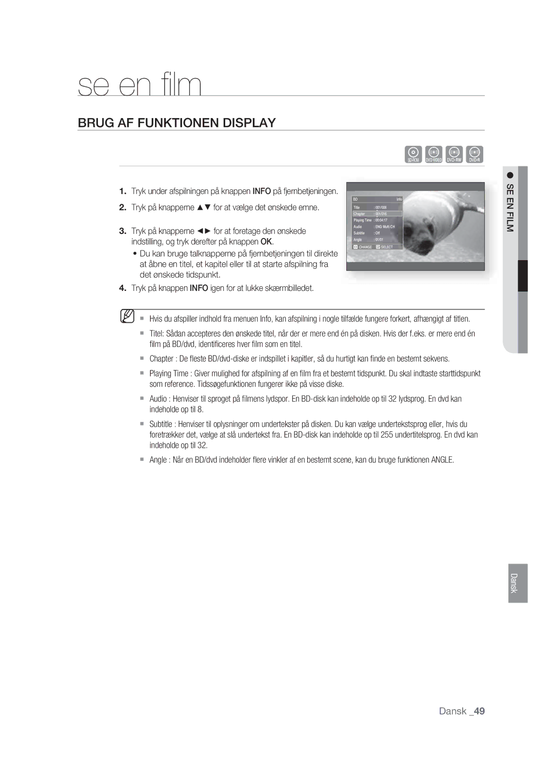 Samsung BD-P1400/XEE manual Se en ﬁ lm, Brug AF Funktionen Display, SE EN Film 