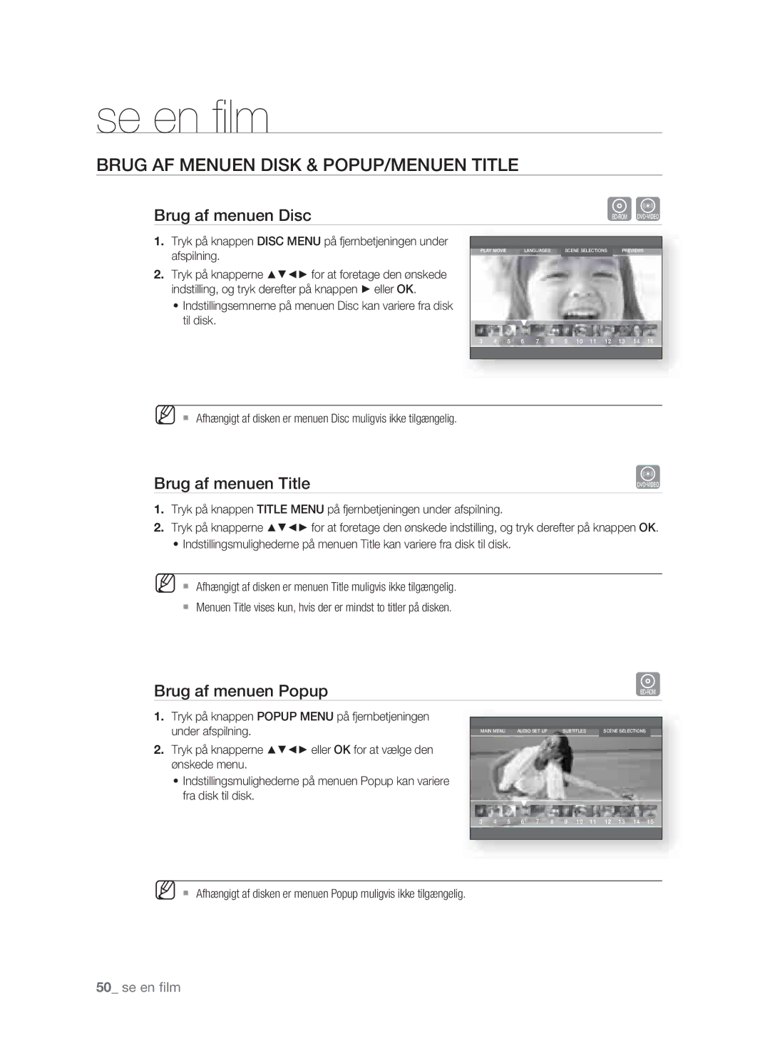 Samsung BD-P1400/XEE manual Brug AF Menuen Disk & POPUP/MENUEN Title, Brug af menuen Disc, Brug af menuen Title 