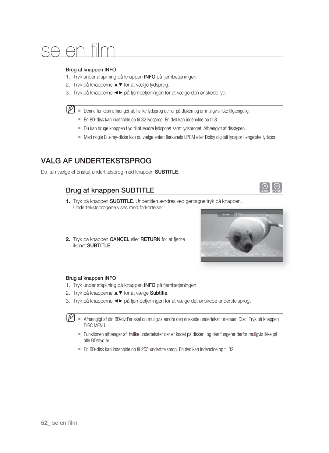 Samsung BD-P1400/XEE manual Valg AF Undertekstsprog, Brug af knappen Subtitle, Disc Menu 