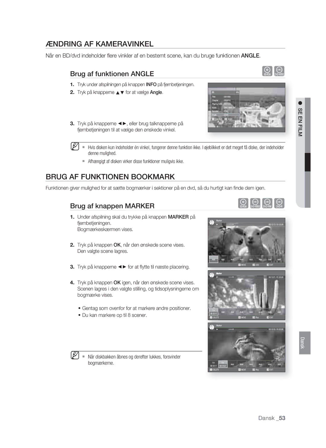 Samsung BD-P1400/XEE manual Ændring AF Kameravinkel, Brug AF Funktionen Bookmark, Brug af funktionen Angle 